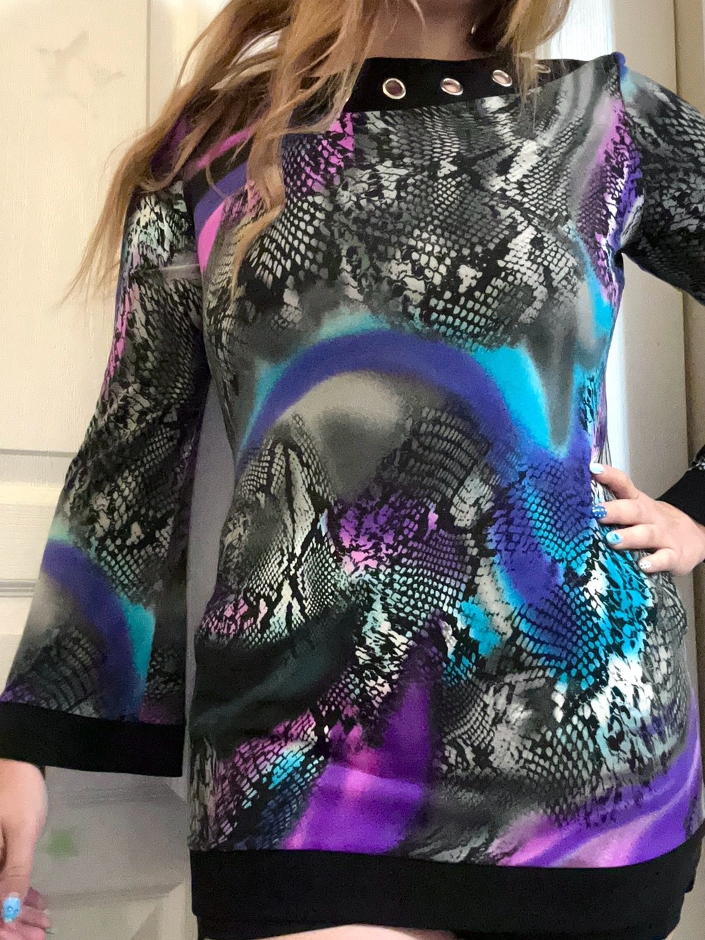 Joseph Ribkoff Grommet collar tunic bell sleeve snake print colorful long top